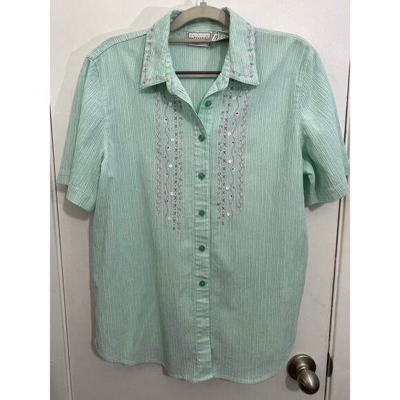 Vintage Napa Valley Shirt Medium Aqua Striped Embroidered Grandma Core - Picture 1 of 4